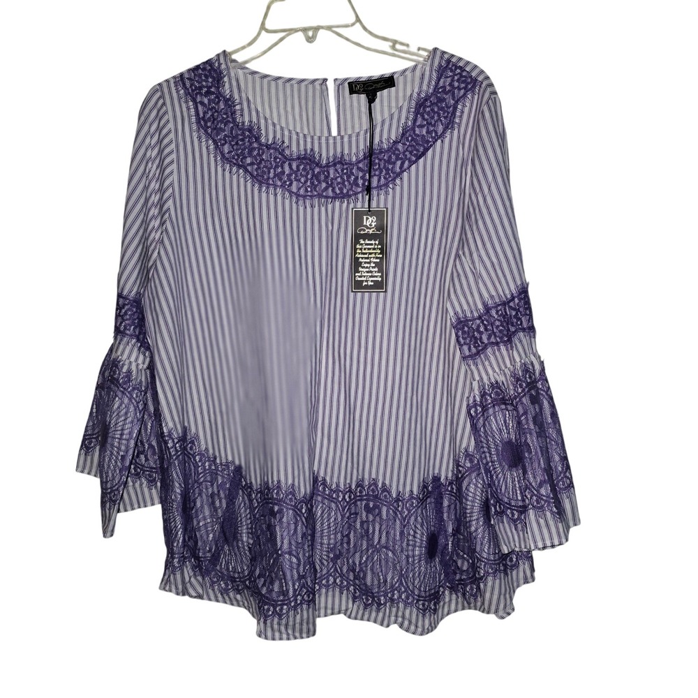 DG2 Diane Gilman Purple Stripe Lace Trim Blouse Top Bell‎ Sleeve Large New NWT